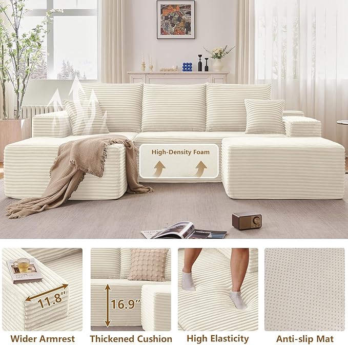 Lakifun 107" L-Shape Sofa with Ottoman, Modern Modular Sectional Comfy U-Shape Cloud Couch, Deep Seat, Upholstered Corduroy Sleeper Chaise Longue for Living Room Bedroom, No Assembly Required, White