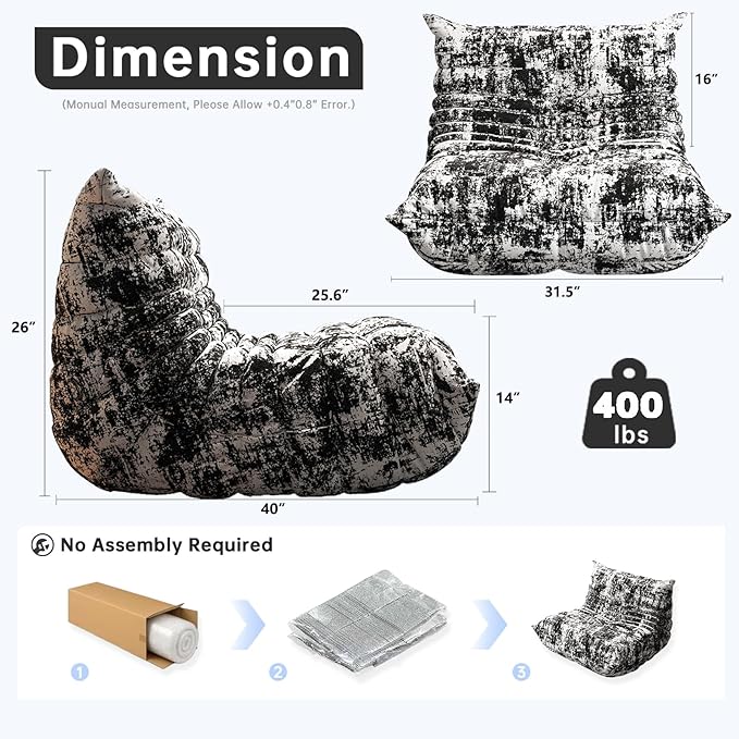 Memory Foam Bean Bag Chair for Adults, Teddy Material Beanbag Sofa with Filler, Cozy Floor Lounge Seat for Living Room, Bedroom, Dorm, Office (Ink Painting)