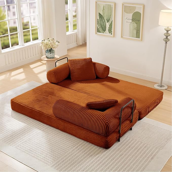Modular Couch Bed, Convertible Folding Plush Corduroy Comfy Floor Memory Foam Compression Loveseat Sleeper Sofa Couch, King Size Bed for Guest Room Living Room Bedroom, No Assembly Required, Orange