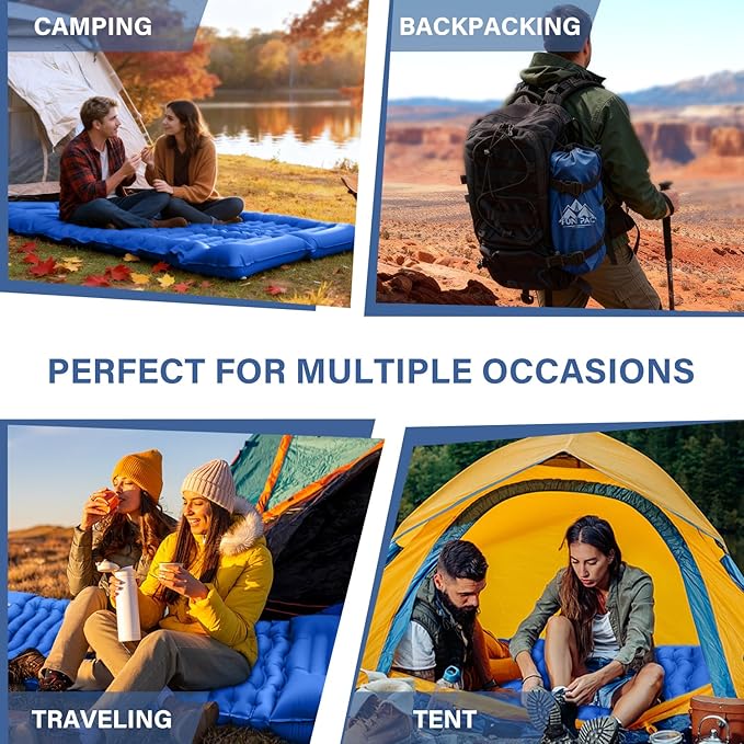 FUN PAC Camping Sleeping Pad, Ultralight Camping Pad with Pillow Built-in Foot Pump Inflatable Sleeping Mat Compact for Camping Backpacking Hiking Traveling - Blue