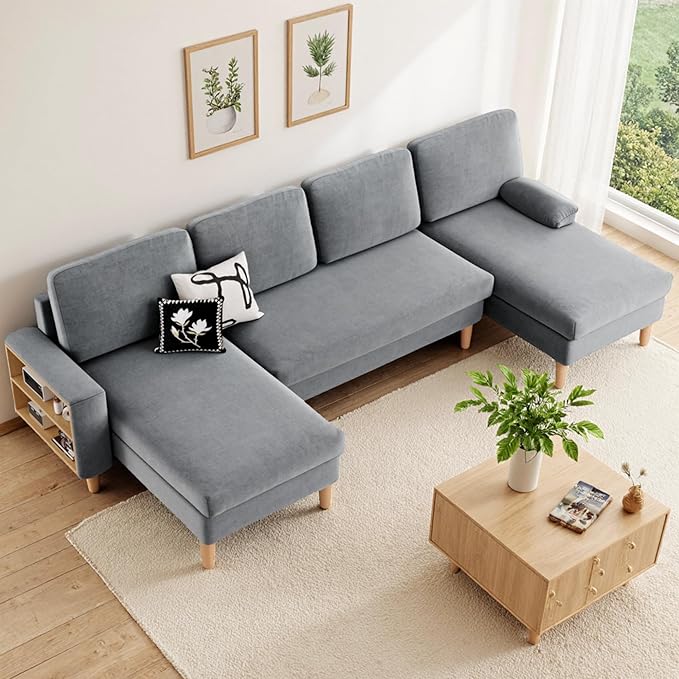 YITAHOME 109" U-Shaped Couch, 4-Seat Cloud Sofa with Dual Chaise Lounges, Storage Armrest, Cup Holder & Thick Cushions for Living Room