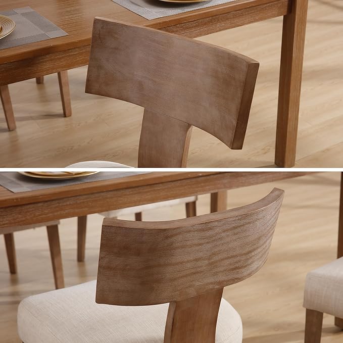 DM Furniture Linen Dining Chairs Set of 6 with Natural Wood Legs, Farmhouse Upholstered Side Chair with Curved Backrest for Living Room/Restaurant, Beige