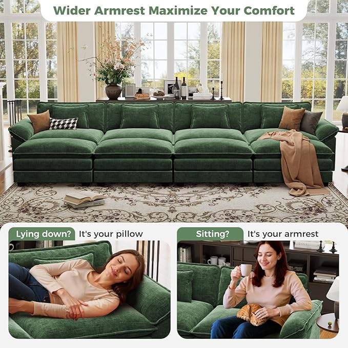 CDCASA 154" Oversized Modular Sectional Sofa Bed, Comfy Cloud Couch w/ 4 Movable Ottoman, 8-Seater Chenille Deep Seat Sofa Bed Modern Sofa Couch for Living Room, DIY Combination, Green