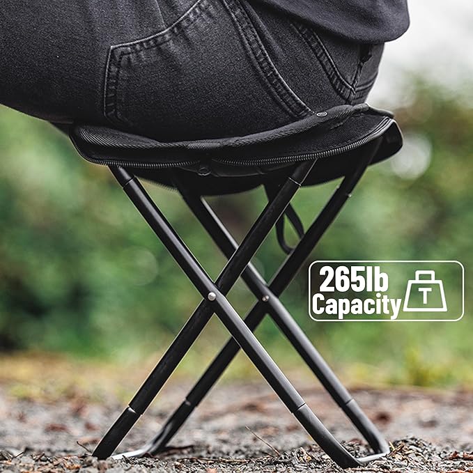 windhike Blackdog 11in Ultralight Camping Folding Stool - 0.7lb Compact Camping Chair, 265lb Capacity Aluminum Alloy X-Frame for Hiking, Fishing BBQ Portable Small Stool for Adults (Pro - Black)