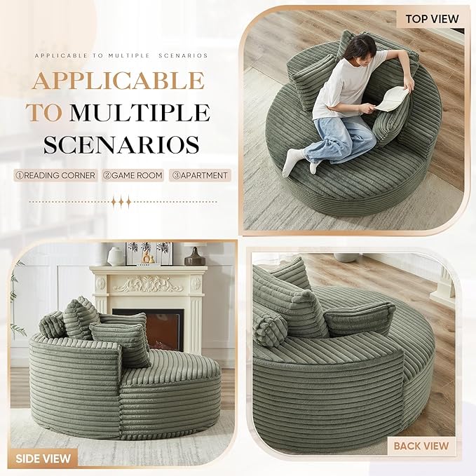 JEEOHEY Modern Round Accent Sofa Chair for Living Room, Upholstered Corduroy Barrel Lounge Arm Chair with Large seat&Throw Pillows for Bedroom, Office, Apartment, Green