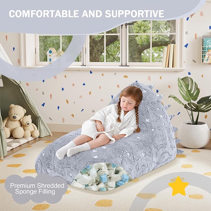 COMAX Dinosaur Bean Bag Chairs for Kids, Kid Beanbag Chair with Filler, Toddler Lounge Bean Chair, Children Lazy Floor Lounger for Girls Boys, Glowing Dino