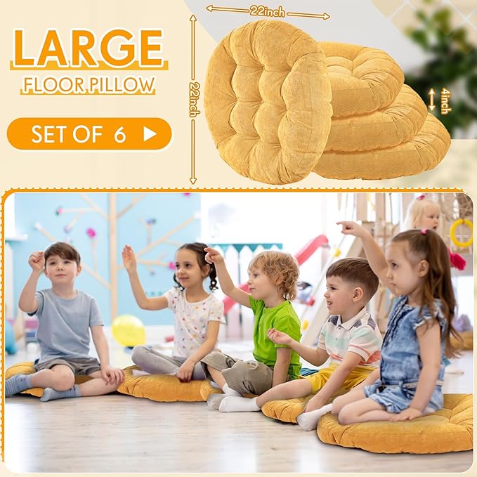 Jerify Floor Pillow Cushions 22 x 22 Inch Round Square Large Meditation Floor Pillow for Classroom Adult Meditation Picnic Party Cushion for Seating Gift Christmas(Round,Yellow,6 Pcs)