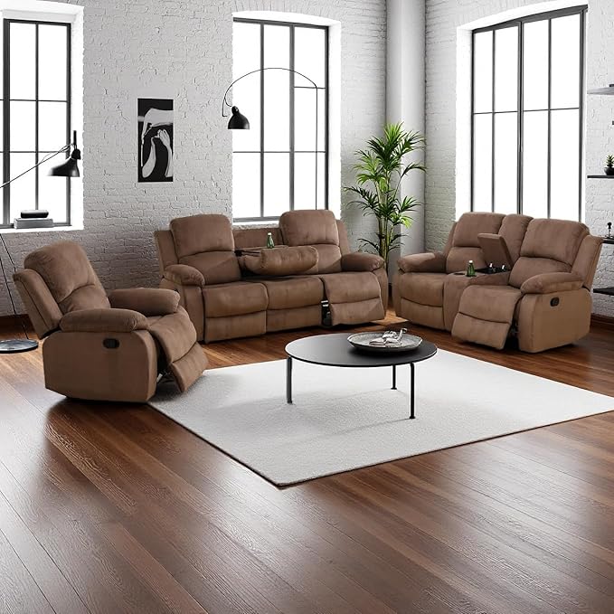 Manual Reclining Sofa Set with Drop-Down Table, Corduroy Sofa Sets, Living Room Furniture Sets, Modern Manual Recliner Sofa Sets with Storage Console for Living Room (Brown, Sofa+Loveseat+Chair)