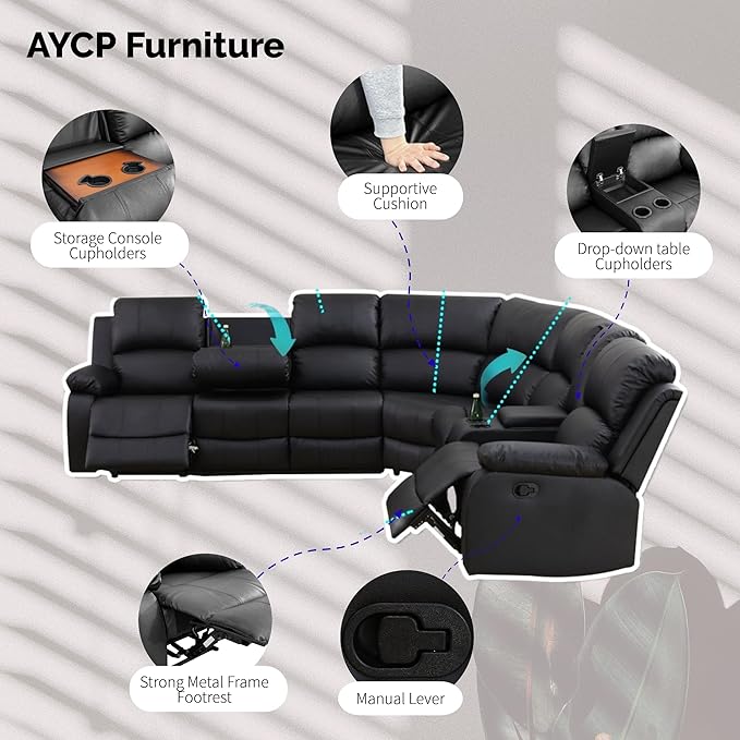 Manual Reclining Sofa Set with Drop-Down Table, Corduroy Sofa Sets, Living Room Furniture Sets, Modern Manual Recliner Sofa Sets with Storage Console for Living Room (Black, Sectional)