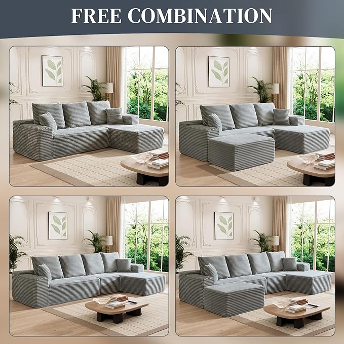 HYJT-H&K Modular Sectional Sofa Cloud Secttional Couch, 107" Comfy L Shaped Couches for Living Room, Deep Seat Memory Foam Fluffy Plush Corduroy Boneless Couch Sectionals Right Facing Sofa Chaise Grey