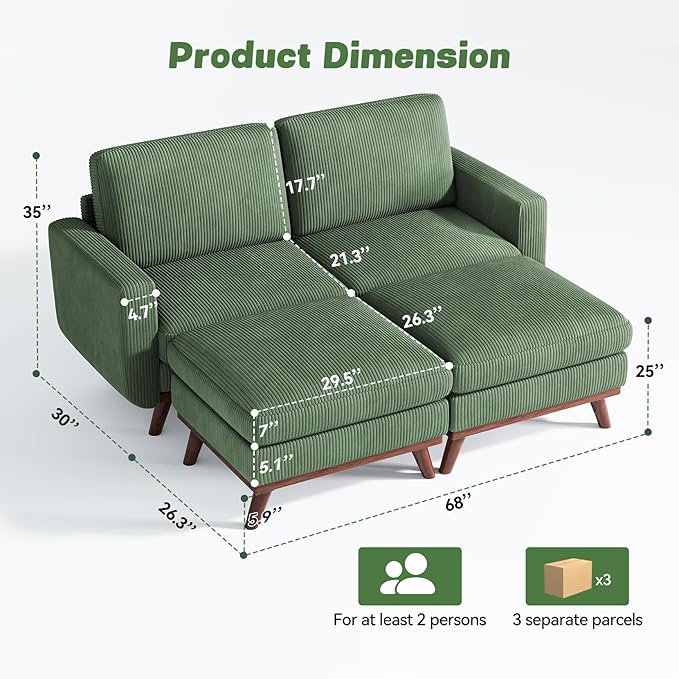 Vesgantti 68" Loveseat Sofa with Movable Ottoman, Comfy Corduroy Couch with Spring Cushion, Sofa Couch with Solid Wood, Modern Office Sofa with Deep Seat for Living Room and Bedroom, Green