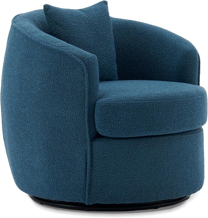 FaFaSoGoodFa Swivel Accent Chair, Modern Upholstered Boucle Barrel Arm Chairs with Pillow for Living Room, 360 Degree Round Swivel Sherpa Armchair with Round Base for Bedroom Club (1, Dark Blue)