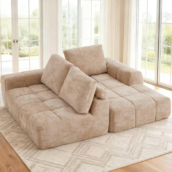 KEIKI Sectional Chenille Floor Sofa, Convertible L-Shaped Boneless Cloud Sleeper Couch with Chaise Lounge, Space Saving Modular Futon Couches Bed for Living Room Bedroom, No Assembly Required, Khaki