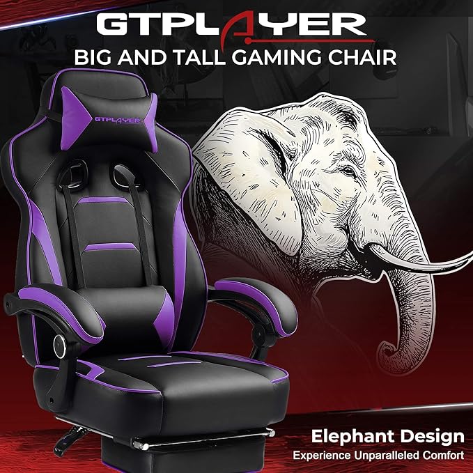 GTPLAYER Gaming Chair with Footrest, Big and Tall Game Chair 350lb Racing Style Computer Chair, Ergonomic Executive Office Chair High Back with Lumbar Support and Recliner, Purple
