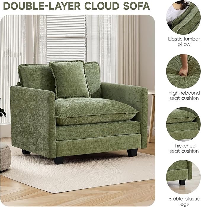 UMBFUN Cloud Couch Accent Chair, Oversized Comfy Modular Sofa with Deep Seat Cushions, Chenille Upholstered Lounge Chair for Living Room & Bedroom, Green