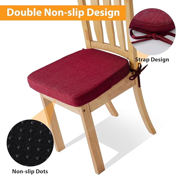 Ruqmuis Chair Cushions for Dining Chairs, 2" Thick Seat Cushions for Kitchen Chairs, D-Shaped Chair Pads with Washable Cover, Ties and Non Slip Backing, 17'' x 16'', Set of 6, Red