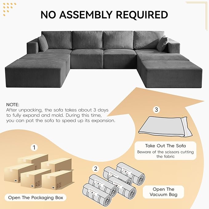 146'' Oversized Boneless Sofa Bed, 4 Seater Modular Sectional Couch with 4 Moveable Ottoman, No Asswmbly Corduroy Compression Sofas with Chaise for Home House, Grey