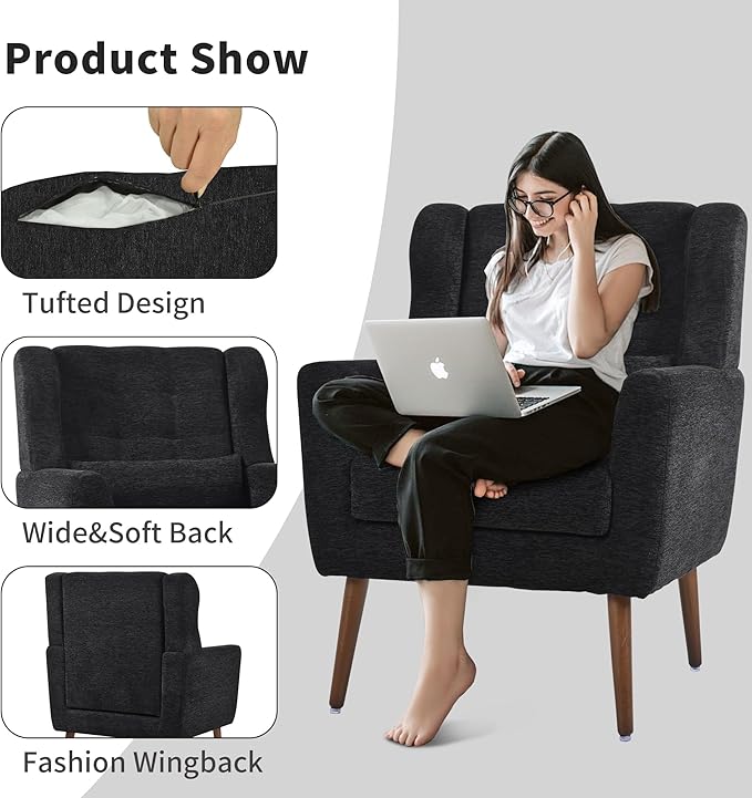 CHSICFOR Modern Accent Chair, Upholstered Arm Chair with Waist Pillow, Single Sofa Chair for Living Room Bedroom Small Spaces (Black)