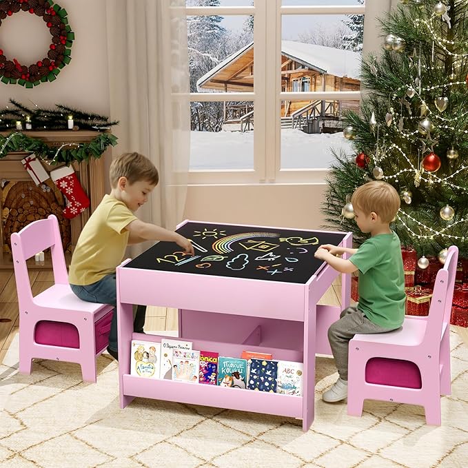 Arlopu Kids Table and Chairs Set, 4 in 1 Toddler Art Desk with Storage Drawer, Wooden Activity Deskboard, Blackboard, Reversible & Detachable Tabletop, Bookshelf for Drawing, Reading (Pink)