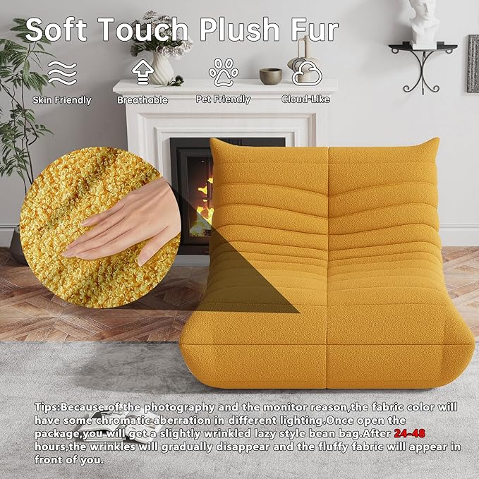 Bean Bag Chairs for Adults, BeanBag Reading Chair Memory Foam Couch, Floor Chair Soft Teddy Material, Comfy Reading Nook Chairs for Bedroom Living Room Office (Yellow)