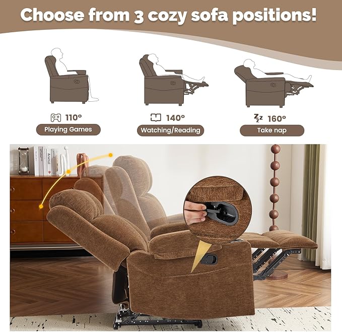 PALLOME Manual Reclining Loveseat Sofa, 2-Seater Recliner Couch with Cup Holders, Fabric Reclining Sofa for Living Room/RV (Brown)
