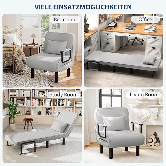 Furniliving 4 in 1 Folding Sofa Bed Chair, Convertible Sleeper Chair Bed with 6-Position Adjustable Backrest, Upholstered Chaise Lounge with Pillow, Accent Chairs for Bedroom, Linen, LightGrey, 2