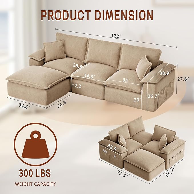 Korser 122" Sectional Couches for Living Room, Modular Boneless Sofa, Cloud Sofa, Fluffy Cushions, Double-Layer Cushioned, with Convertible Ottoman