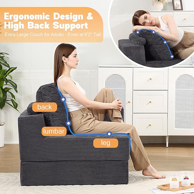 MeMoreCool Folding Sofa Bed L‑Shaped Convertible Sleeper Sofa with Armrest Dark Grey – Fold‑Out Chair Bed for Living Room & Bedroom, Dual‑Section Configurable Foam Seating, Durable Lounge