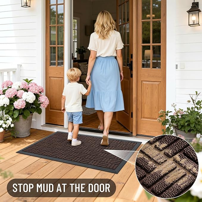 OLANLY Front Door Mat Outside Entrance 33x21, Absorbent, Heavy Duty Sturdy Natural Rubber Doormat Indoor Outdoor, Stain and Fade Resistant, Non-Slip Backing Low Profile Floor Mat for Entryway, Brown