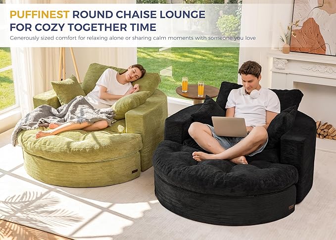 MAXYOYO Oversized Round Chaise Lounge Sofa, Upholstered Lounge Chair with 3 Pillows, Boneless Sofa Couch with Ottoman, Deep Seat Sleeper Chair for Living Room, Bedroom, No Assembly, Black