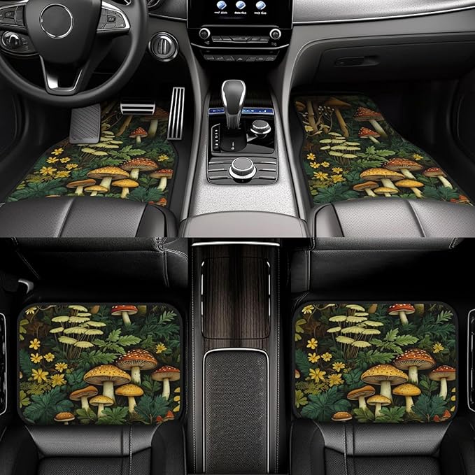 Artistic Fabric Car Floor Mats-Non-Slip Rubber Backing,Mushroom,Front (26.8x17.3in) & Rear (13x17.3in) Set-Water Absorbing, Durable Automotive Floor Liners with Stylish Patterns