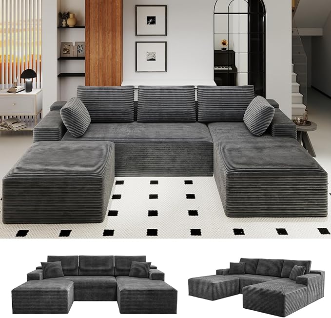 KAPEETOO Modular Sectional Sofa Cloud Couch with Right Chaise Longue, U Shaped Boneless Couch with Ottoman Deep Seat, Oversize 3-Seater Boneless Sofa Set for Living Room Bedroom (Grey)