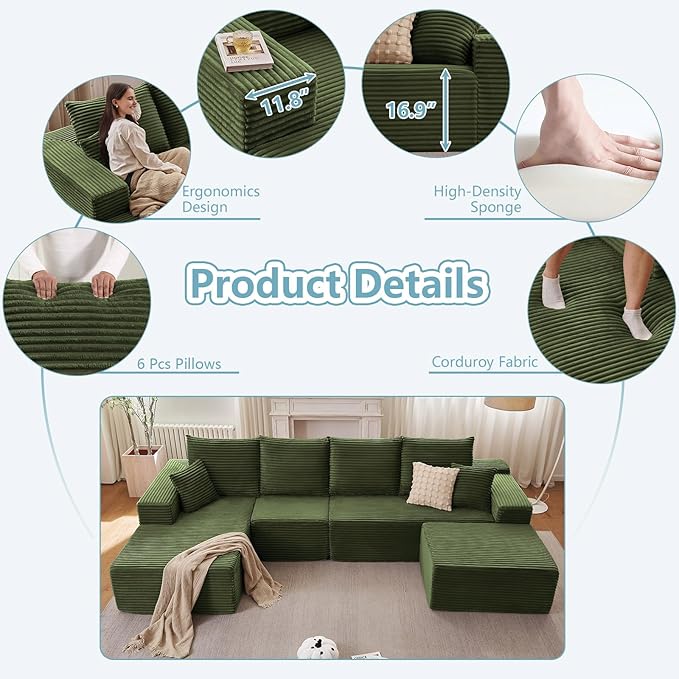 135.4" W Cloud Sectional Couch with Ottoman,Modern U-Shaped Cloud Couch with Deep Seat,Comfy Corduroy 4-Seater Sofa,Memory Foam Sofa for Living Room,No Assembly (Green,Right-Facing Chaise)