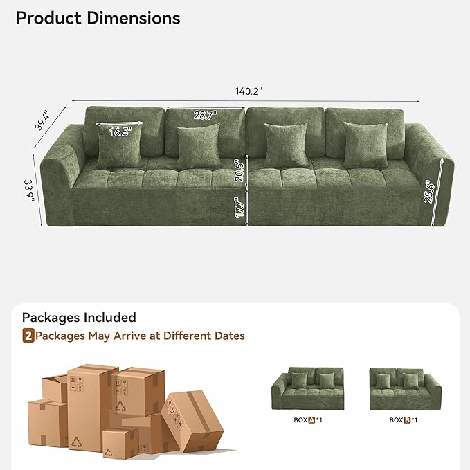 140''Modular Sectional Couches for Living Room, Cloud Boneless Compressed Sectional Sofa, Oversized 4 Seater Upholstered Memory Foam Sofa, No Assembly, Chenille Green