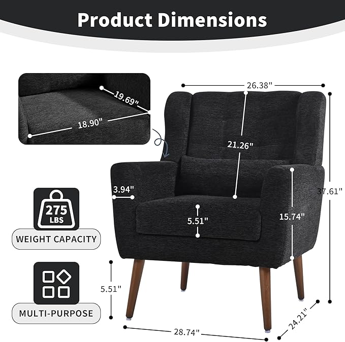 CHSICFOR Modern Accent Chair, Upholstered Arm Chair with Waist Pillow, Single Sofa Chair for Living Room Bedroom Small Spaces (Black)
