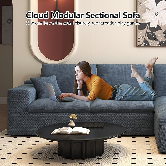107'' U-Shaped Modern Modular Sectional Cloud Couch Whit Ottoman, 4-Seat Chenille Deep-Seat Sofa with Pillow for Living Room, Bedroom, Apartment, Ocean Blue