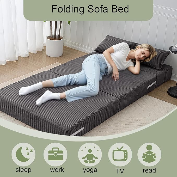 MeMoreCool Boneless Folding Sofa Bed – Corduroy 4-in-1 Convertible Chair, Fold-Out Futon Couch Bed for Living Room or Guest Use | Machine-Washable Covers | Comfy Foam Mattress