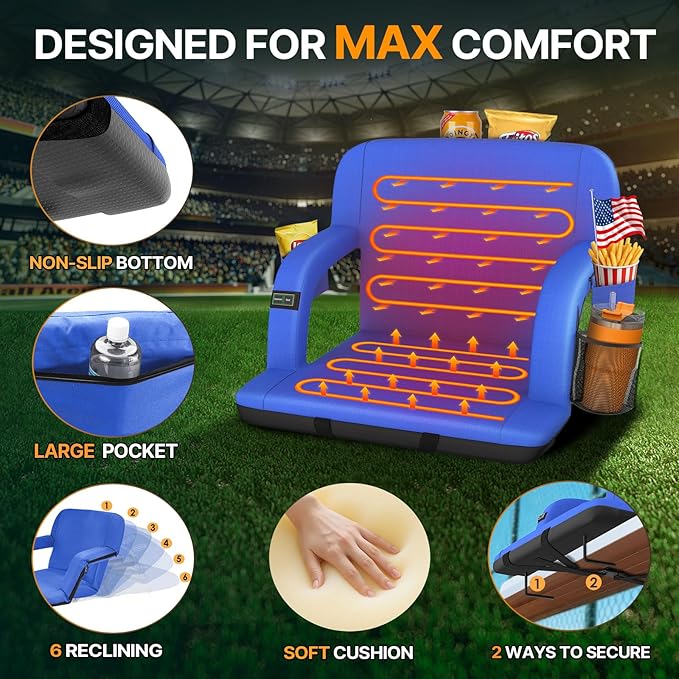 HOPERAN 25" 2pcs Dual-Sided Heated Stadium Seats for Bleachers with Back Support, 3 Levels Heating Stadium Seating for Bleachers Seat with Backrest, 5 Pockets Portable Stadium Chair(Blue)