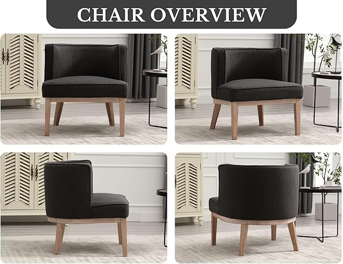 Comfy Barrel Chairs Set of 2 Mid-Century Modern Accent Chairs with Wooden Leg Upholstered Reading Chair Linen Fabric Waiting Room Round Side Chairs for Living Room Bedroom Office, Charcoal