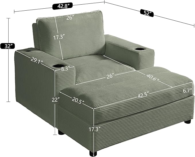 Merax 42.8" Oversized Chaise Lounge Chair with Storage Ottoman,Corduroy Sofa Bed with Cup Holders,USB Charging Port,Upholstered Sleeper Chair,Deep - Seat Reading Couch for Living Room,Bedroom,Green