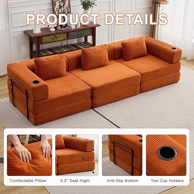 118" Oversized Convertible Floor Sofa Bed, Boneless Foldable Mattress Cloud Couch with Pillow Back & Armrest, Fold Out Floor Couch with Cup Holder for Living Room Bedroom Lounge, Corduroy, Orange