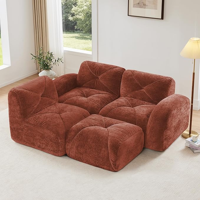 Modular Sectional Sofa with Free Combination,Boneless Floor Couch for Living Room & Lounge,Velvet 3-Seater Sectional Couch with Ottoman,No Assembly Needed