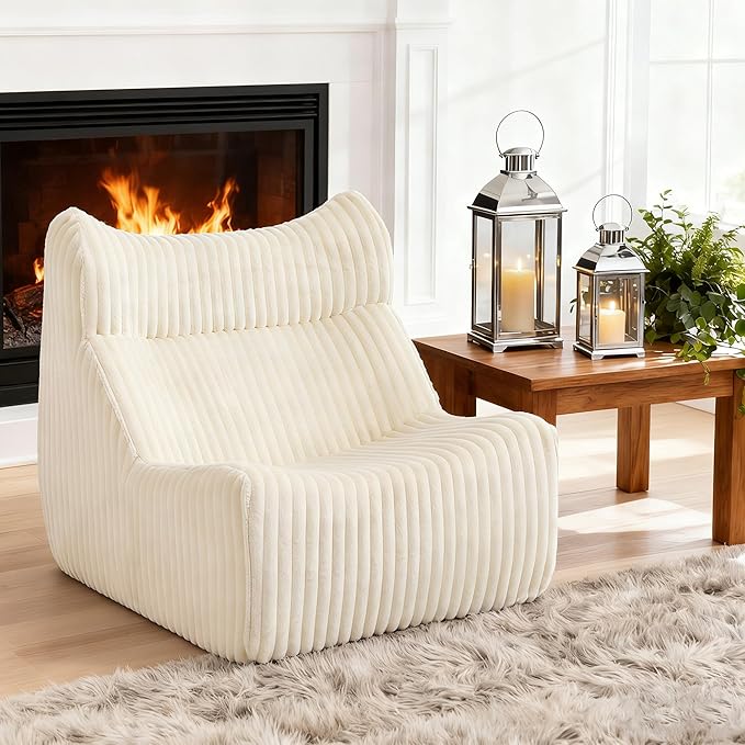 Bean Bag Chairs, Giant Bean Bag Chair for Adults, Memory Foam Lounge Chair, Comfy Lazy Floor Chair, Bean Bag Sofa for Living Room, Bedroom and Office, Single Bean Bag (White)