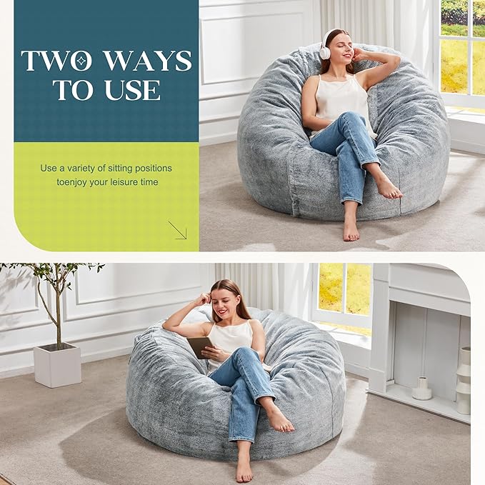 Hobestluk Bean Bag Chairs Giant Beanbag Chair with Filler, Memory Foam Bean Bags with Fluffy & Machine Washable Cover, Bean Bag Chairs for Aduts for Living Room, Bedroom (Grey, 3FT - 36” x 36” x 22”)