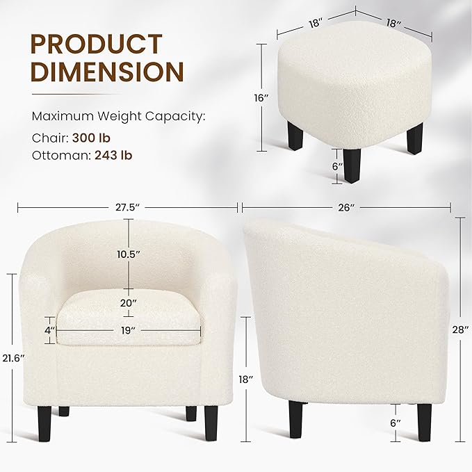 Yaheetech Accent Chair and Ottoman Set, Modern Fuzzy Sherpa Barrel Chair and Footrest, Comfy Boucle Armchair and Footstool for Living Room/Bedroom/Reading Room/Guestroom, Ivory