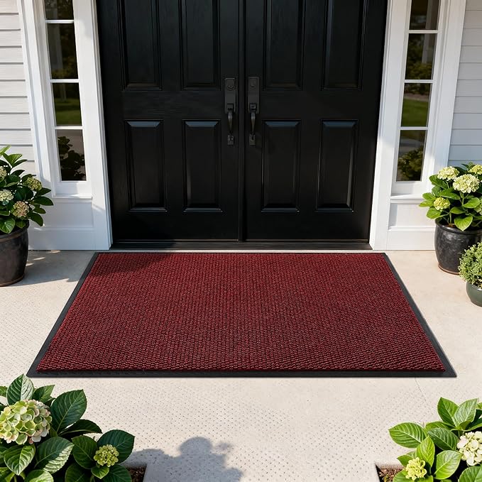 Yimobra Doormat Outdoor Indoor Entrance 47 x 32, All-Season All-Weather Front Door Mat, 100% Waterproof Welcome Matt for Floor Garage Outside Entry, Stain and Fade Resistant,Black Red