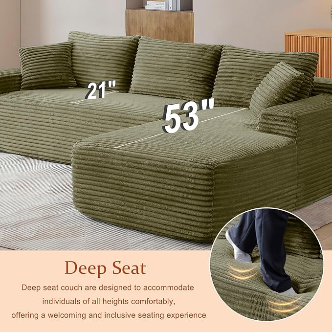 HYJT-H&K Modular Sectional Sofa Cloud Sectional Couch, 95" Comfy Fluffy L Shaped Green Couches for Living Room, Deep Seat Memory Foam Plush Corduroy Boneless Couch Sectionals Right Facing Chaise Sofa