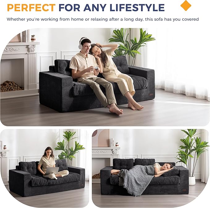 MAXYOYO 3 Seater Couch for Living Room, Boneless Couch with Tufted Cushion & Backrest, Upholstered Floor Sofa, Sofa in A Box, Black