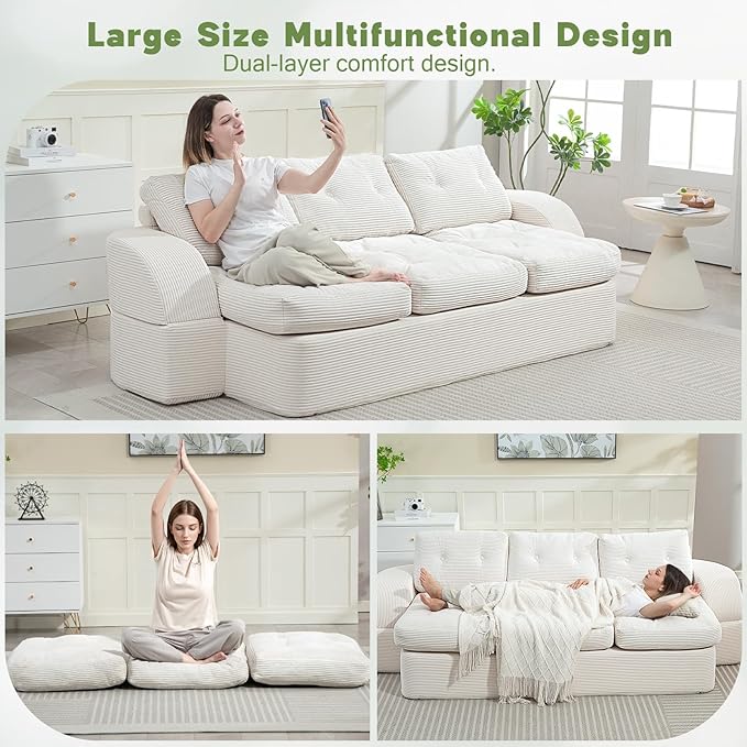MeMoreCool Cloud Couch – 3-Seater Convertible Sofa Bed, Tufted Cushion, Corduroy, No Assembly, Beige Compact Floor Sofa | Foldable Boneless Design | Comfy Sleeper for Living Room & Small Spaces