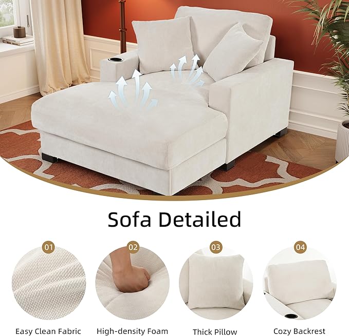 Oversized 60" Chaise Lounge Sofa, Chaise Lounge Recliner with Adjustable Backrest, Built-in Cup Holder USB and Type-C Port, 2 Pillows, Sleeper Couch with Deep Seat for Living Room, Bedroom, Beige